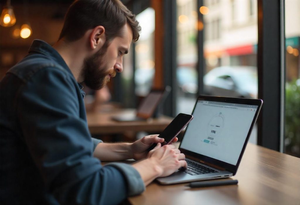 Digital nomad using a mobile VPN for privacy and security while working remotely on a laptop in a café.