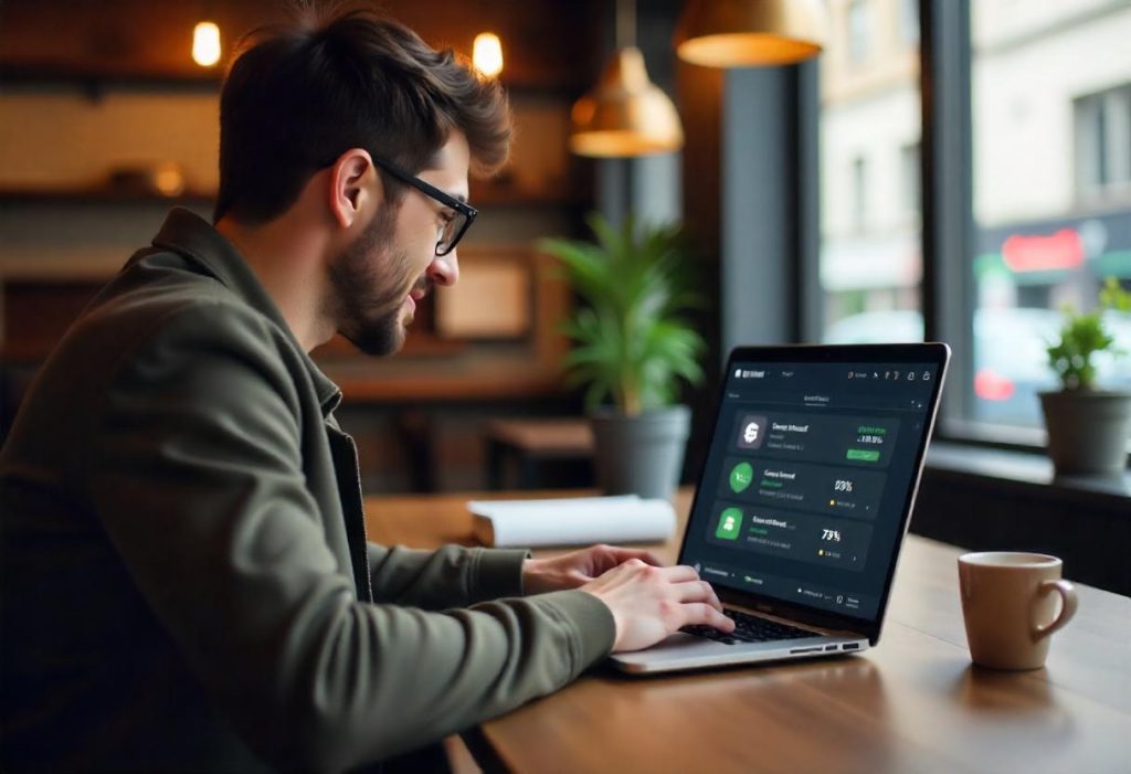 Freelancer using a laptop with a VPN for cryptocurrency security on a secure connection.