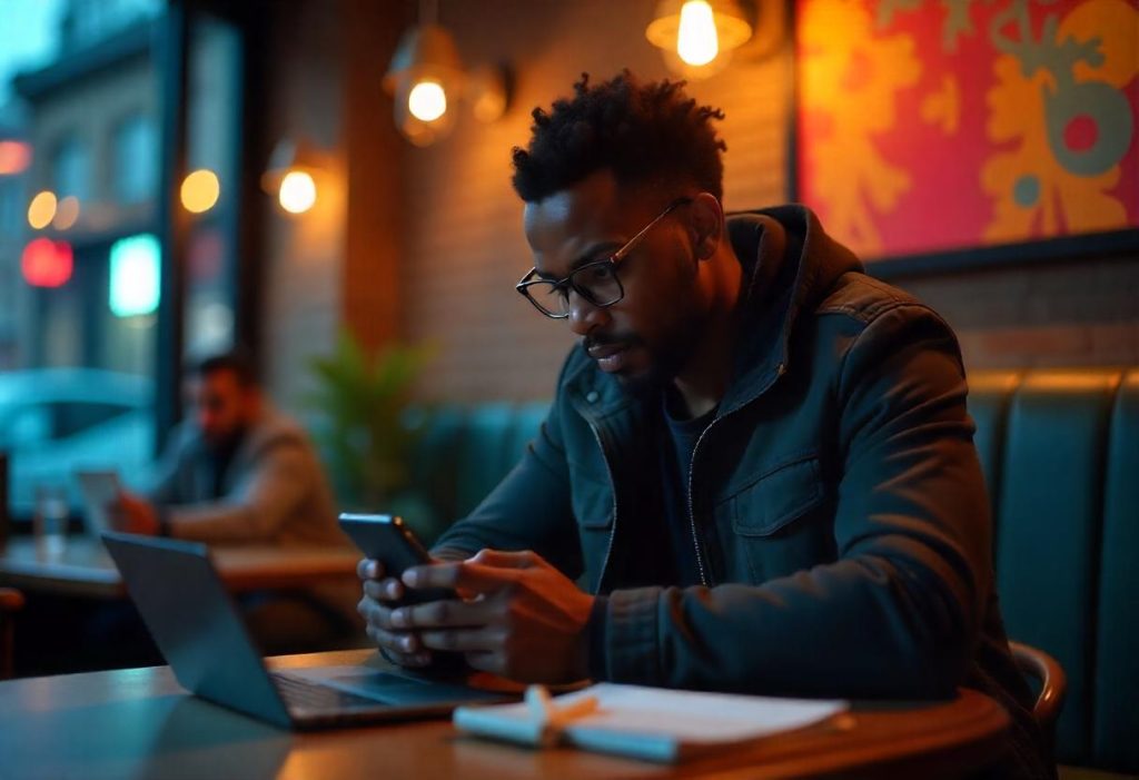 Digital nomad using a mobile VPN app on a smartphone in a café, ensuring secure and private work online.