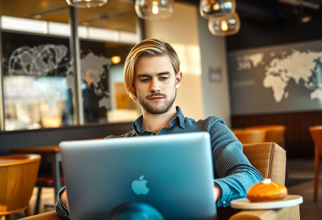 image seo A digital nomad using a secure VPN for remote work in a bustling coffee shop, laptop open with global maps on screen.