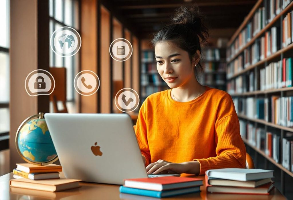 Student using a VPN for accessing research papers in a library, symbolizing secure and unrestricted knowledge access.