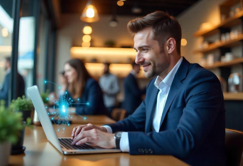 A business traveler using a laptop in an airport lounge with the text “What’s the best VPN for remote work security?”