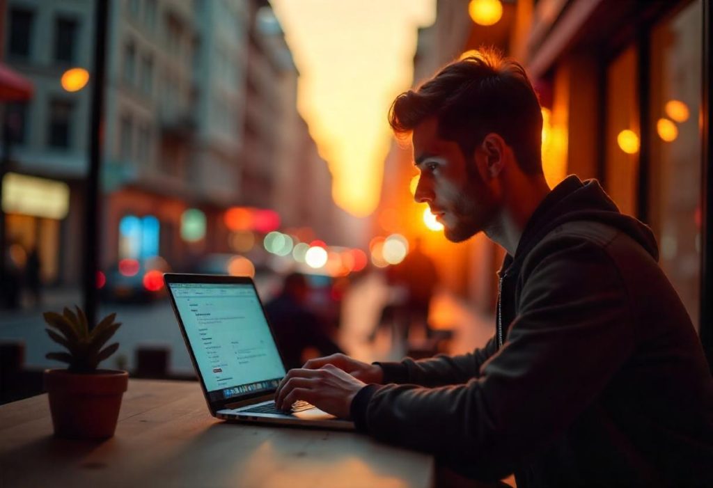 Freelancer using VPN for remote work to ensure online privacy in urban setting.