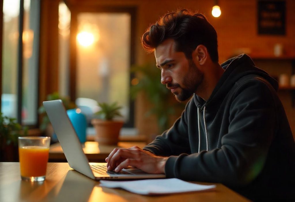 Freelancer using a mobile VPN for Android to access secure educational resources on a laptop.