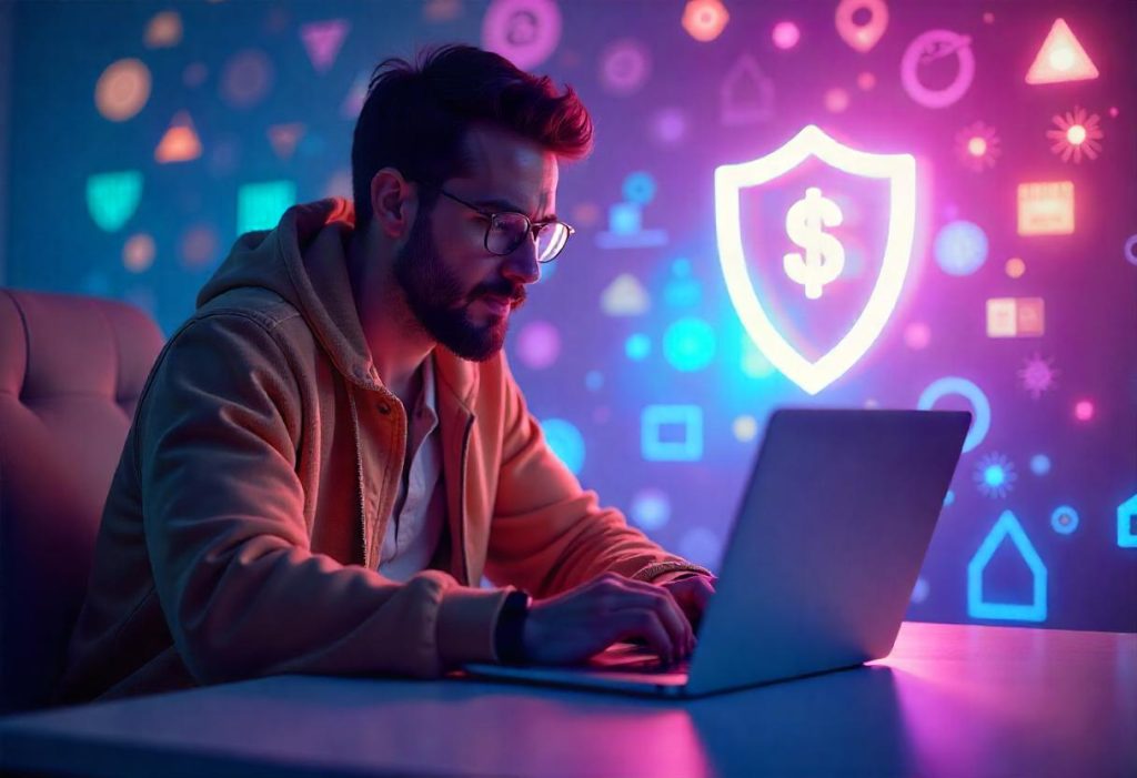 Social media influencer using a laptop with a VPN for cryptocurrency wallets.