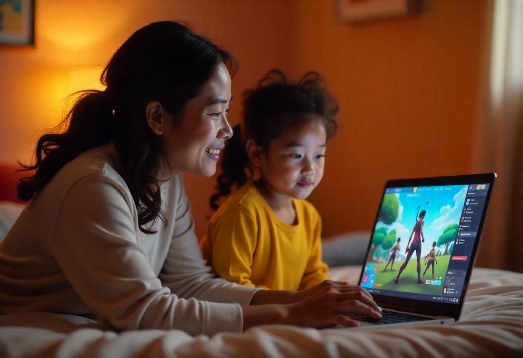 Parent using the top VPN for Fortnite players to protect their child’s online gaming activities from trackers and threats.