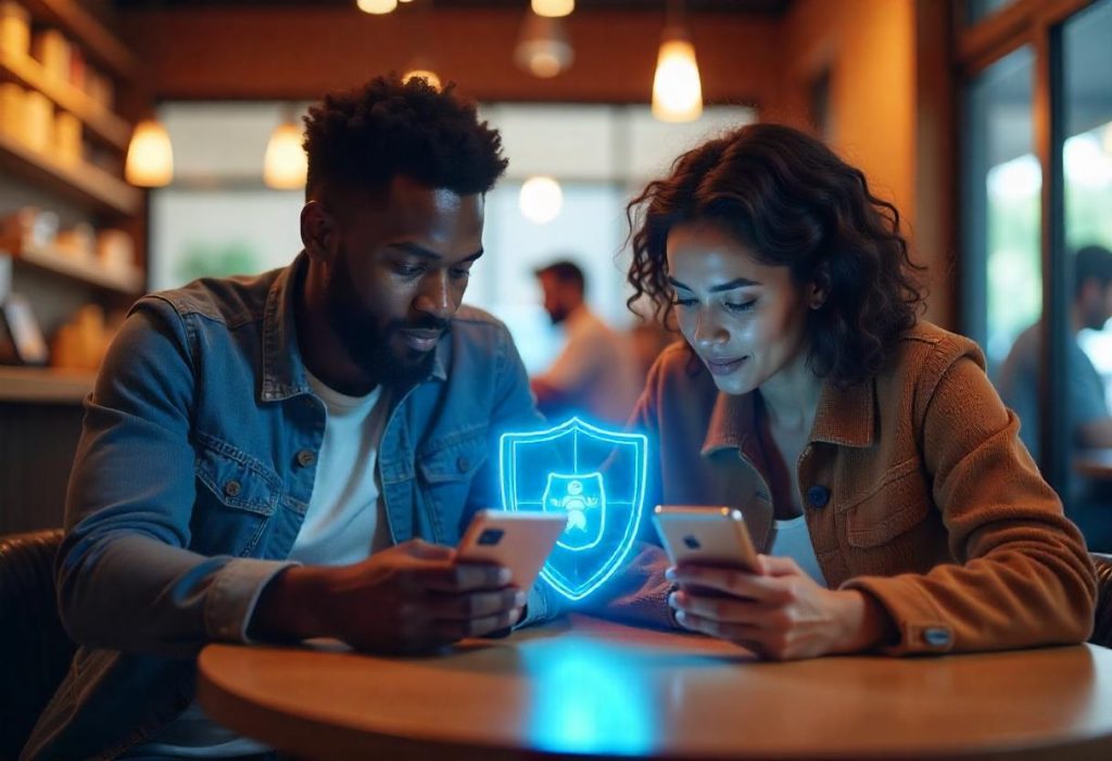 A family using devices with a shield symbol to represent the security of a VPN for kids devices.