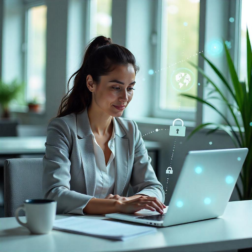 International worker using a VPN for secure remote employee access on a laptop.