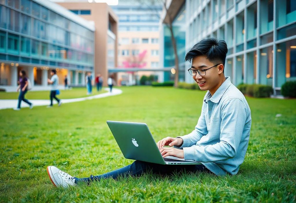 Student using a top VPN for digital nomads on a university campus