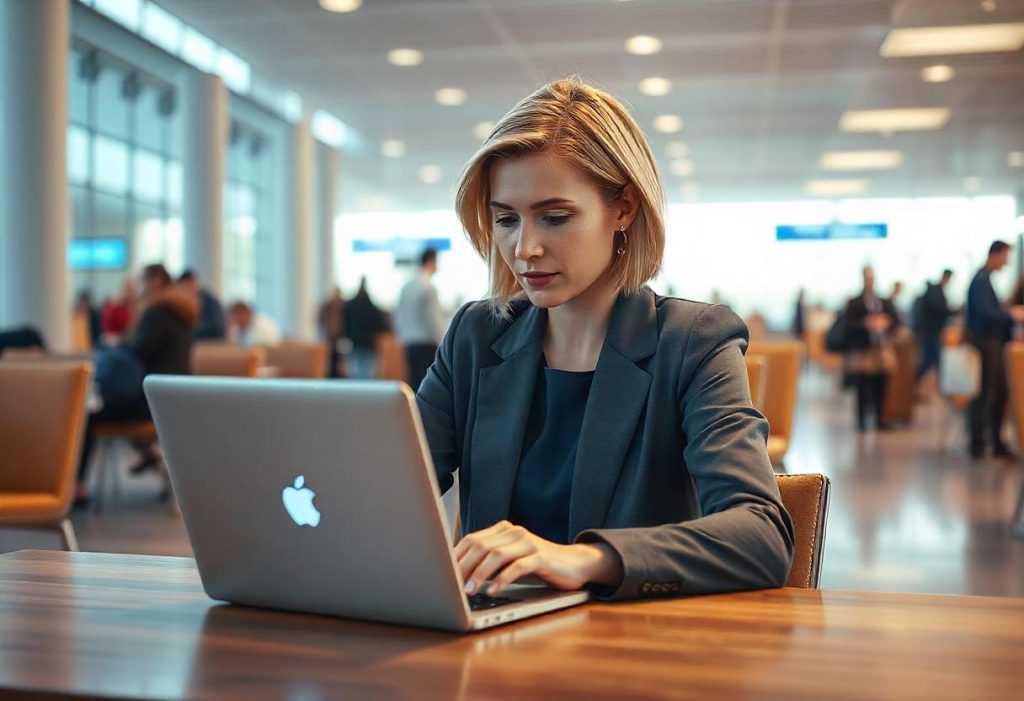 Business traveler using a VPN for secure internet on public Wi-Fi in a hotel lobby