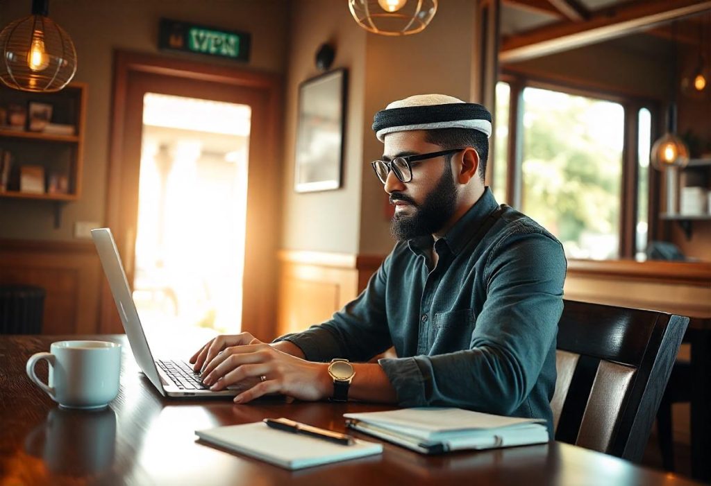 A journalist using a mobile device with the best VPN for online banking, ensuring secure and anonymous browsing.